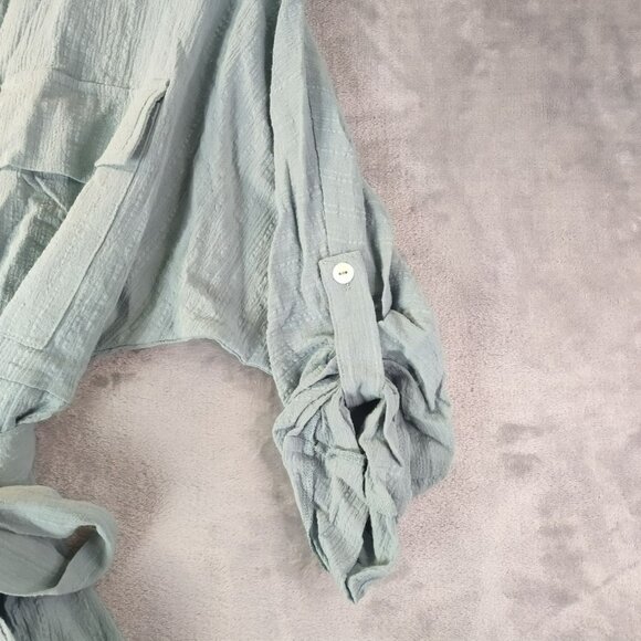 Womens Gauze Button Front Tie Waist Romper M Blue Roll Tab Sleeve Boho Casual - Picture 4 of 12